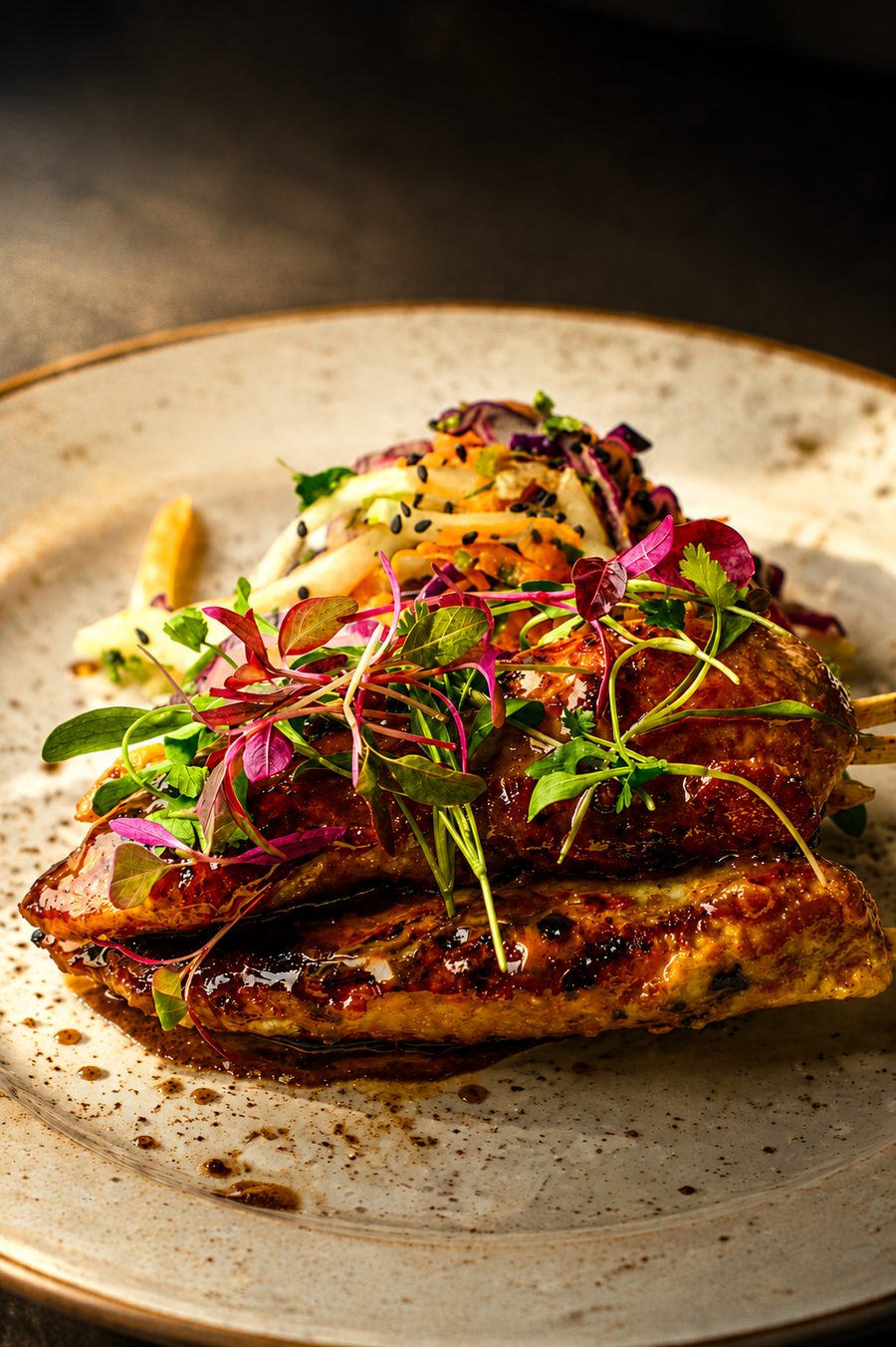 Glazed brisket with slaw and microherbs — a Roosters @ Night plate