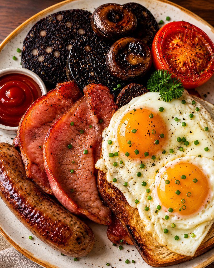 Full English breakfast — Bedfordshire banger, bacon, eggs, black pudding, mushrooms and tomato